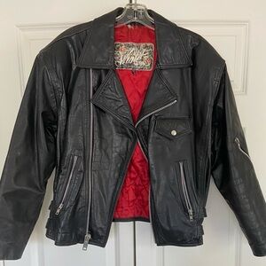 80s Black Leather Jacket with Red Lining and “Crimson Glory” Rose Detail on Back